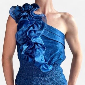 Blue One-shoulder Ruched Top - Size medium